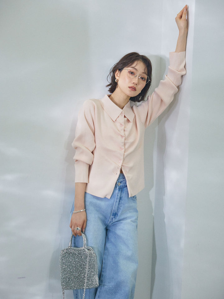 【Allure】[SET]襟付きギャザーニットカーディガン+アシメカーブデニムパンツ(2set)