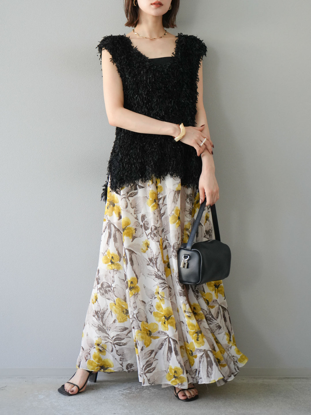 [予約]フラワープリントボリュームフレアスカート/イエロー