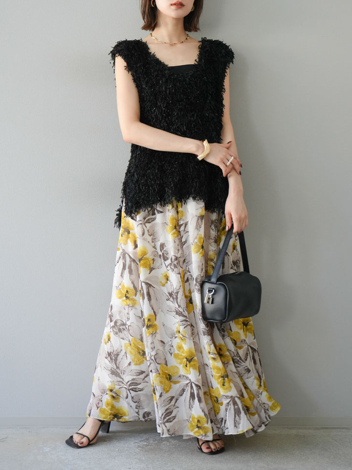 [予約]フラワープリントボリュームフレアスカート/イエロー