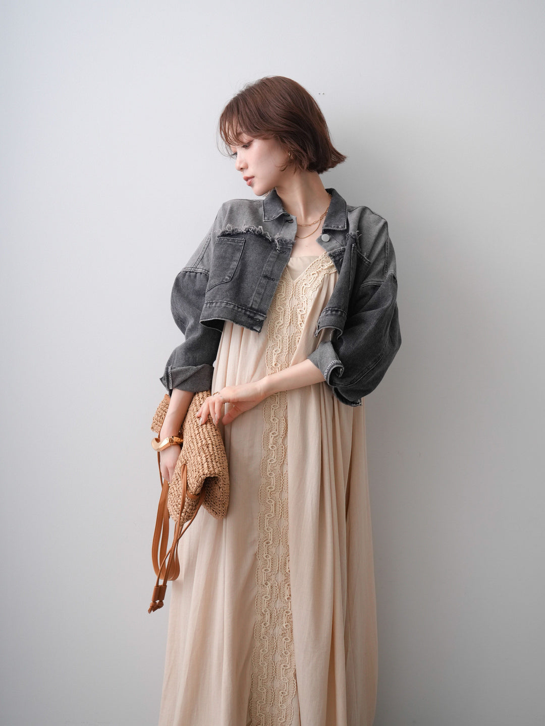 [SET]レースラインキャミワンピース+バイカラークロップドデニムジャケット(2set)