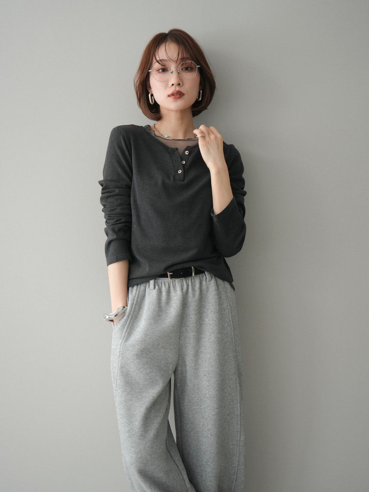 [予約]チュールレイヤードヘンリーネックカットソー/charcoal