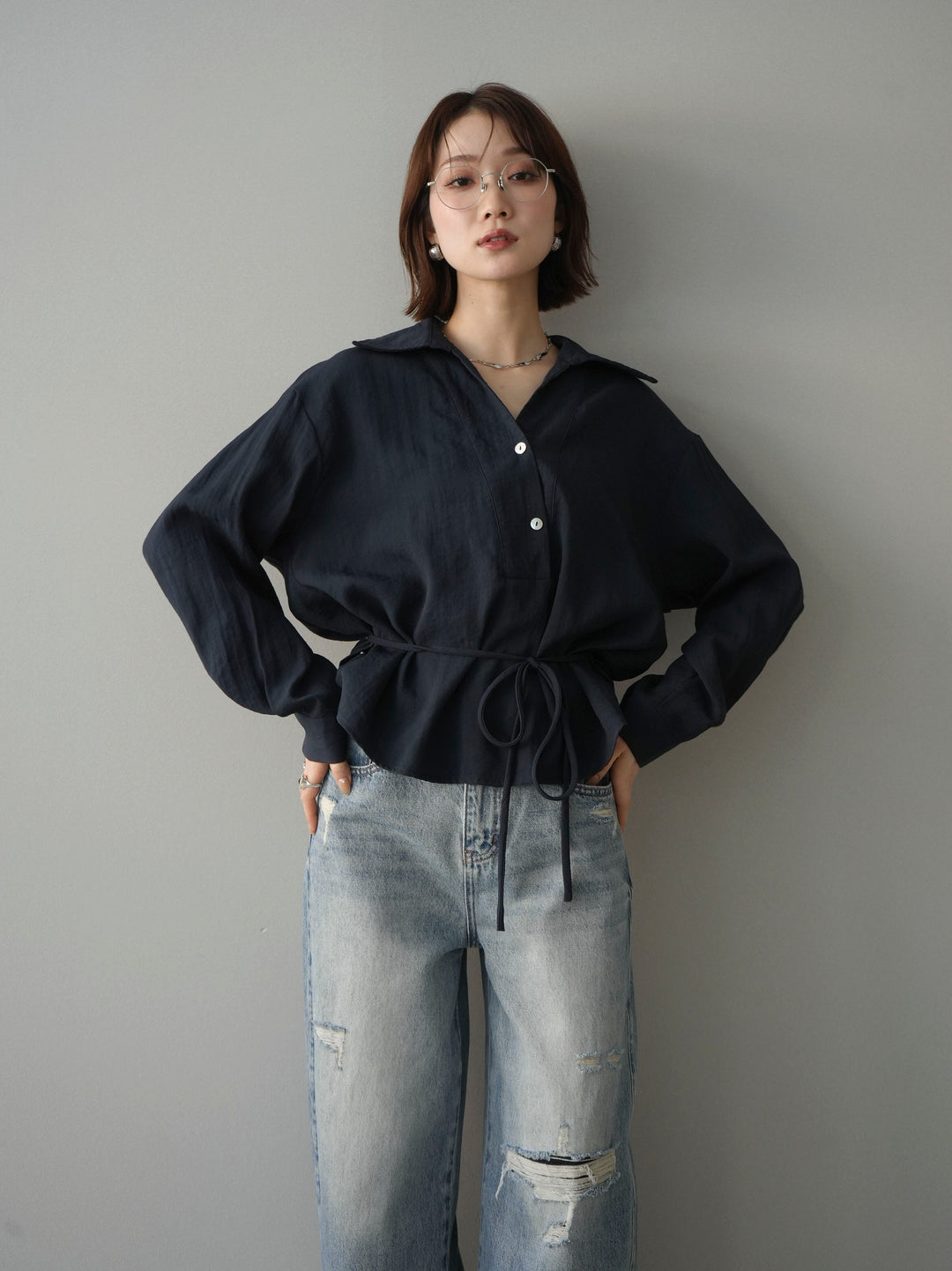 [予約]Vネック変形ラインシャツ/navy