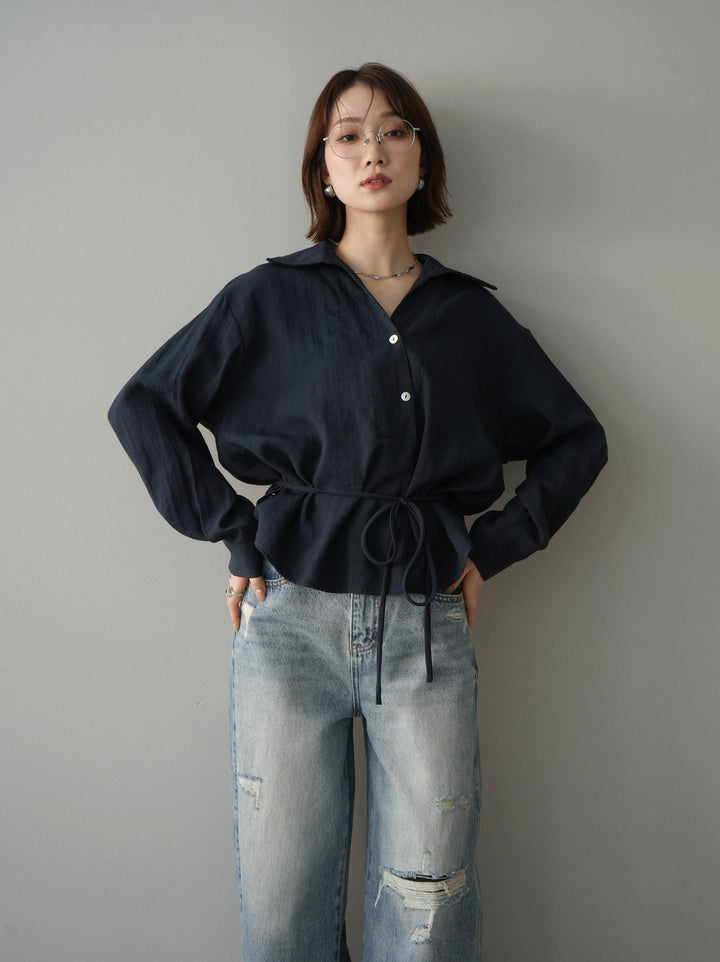 [予約]Vネック変形ラインシャツ/navy