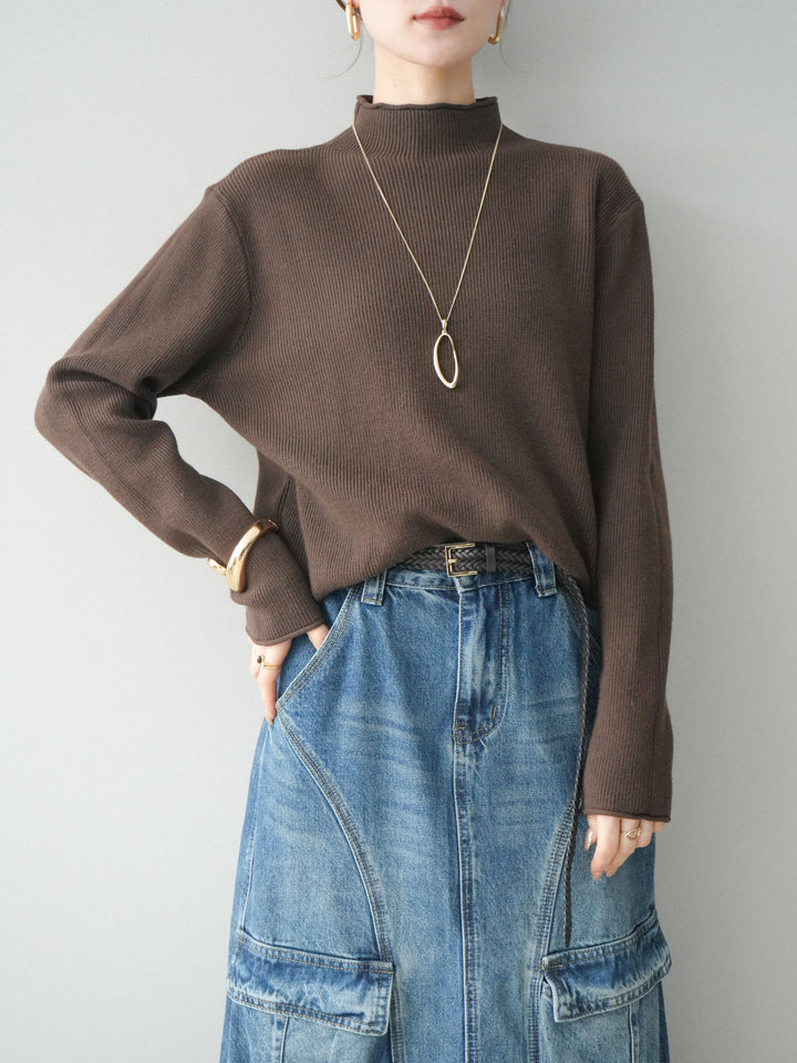 [予約]ボトルネック裾カールリブニットトップス/brown
