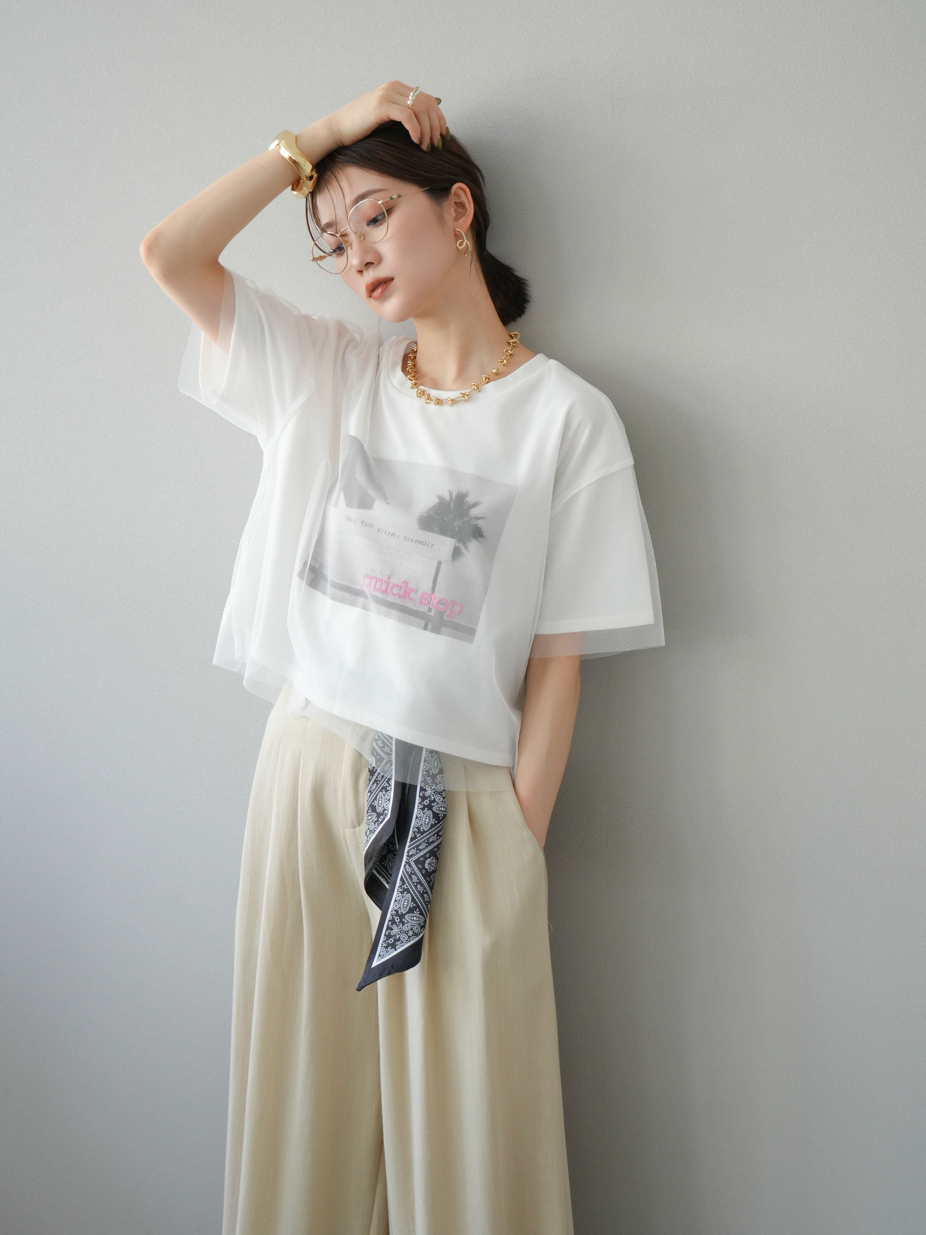 予約]チュールドッキングフォトTシャツ/オフホワイト×ピンク – Lumier