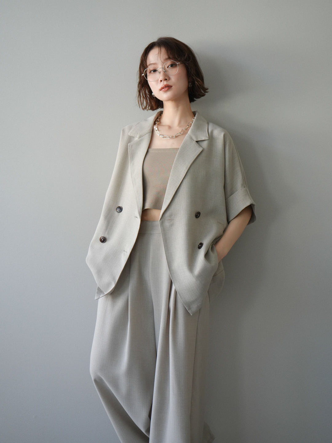 【套裝】亞麻質感半雙層外套+亞麻質感束口寬腿褲（兩件套）