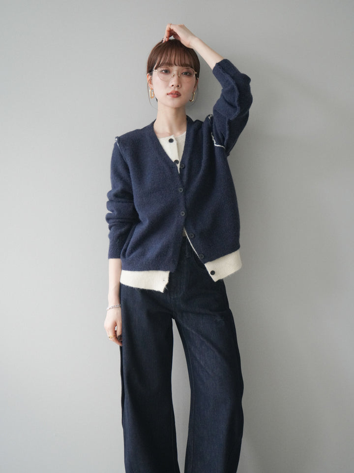 [予約]配色レイヤードニットカーディガン/navy