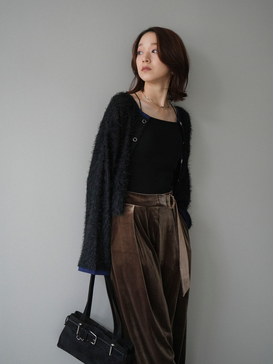 [予約]バイカラー2WAYシャギーニットカーディガン/black