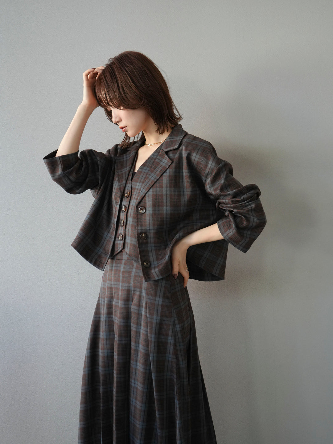 [SET]チェック柄ショートジャケット+チェック柄ベスト+チェック柄タックフレアスカート(3set)