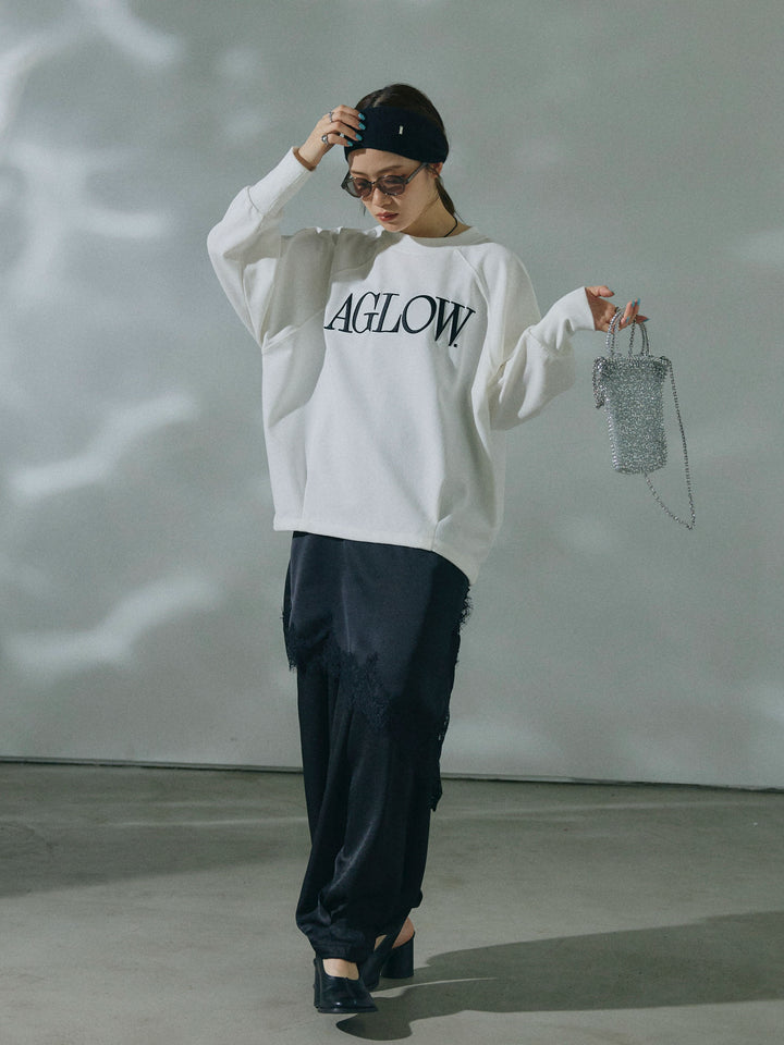 【Allure】[SET]ブークレダンボールロゴ刺繍プルオーバー+ワッシャーサテンタックジョガーパンツ+アシンメトリーサテンレースキャミソール(3set)