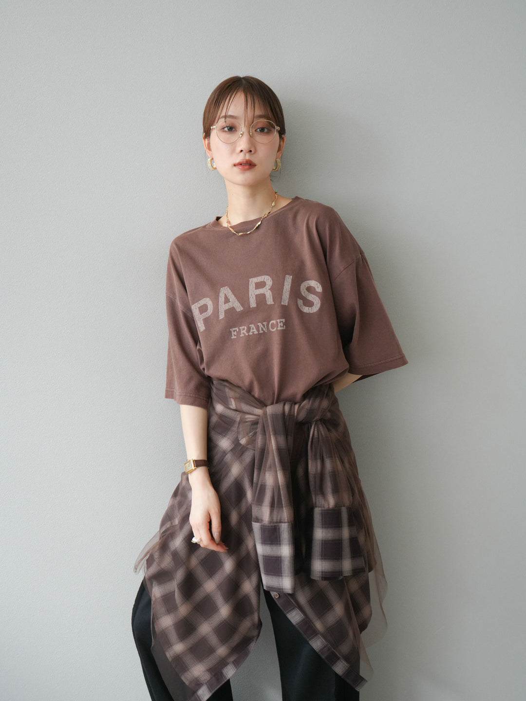 [SET]ピグメントロゴプリントTシャツ+2WAYデザインスウェットパンツ+チュールドッキングチェック柄オーバーサイズシャツ(3set)