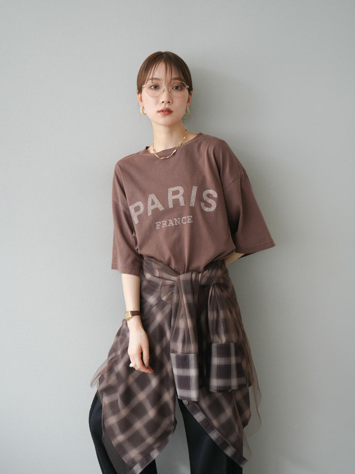 [SET]ピグメントロゴプリントTシャツ+2WAYデザインスウェットパンツ+チュールドッキングチェック柄オーバーサイズシャツ(3set)