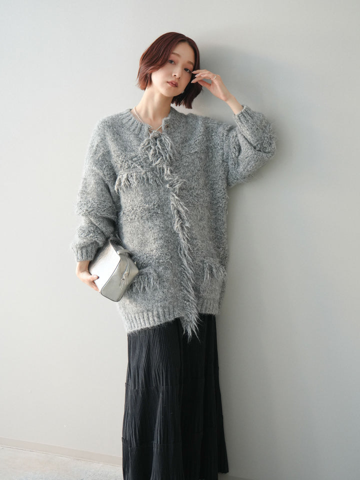 [SET]ミックスヤーンフリンジデザインニットジャケット+型押しスエードティアードプリーツスカート(2set)