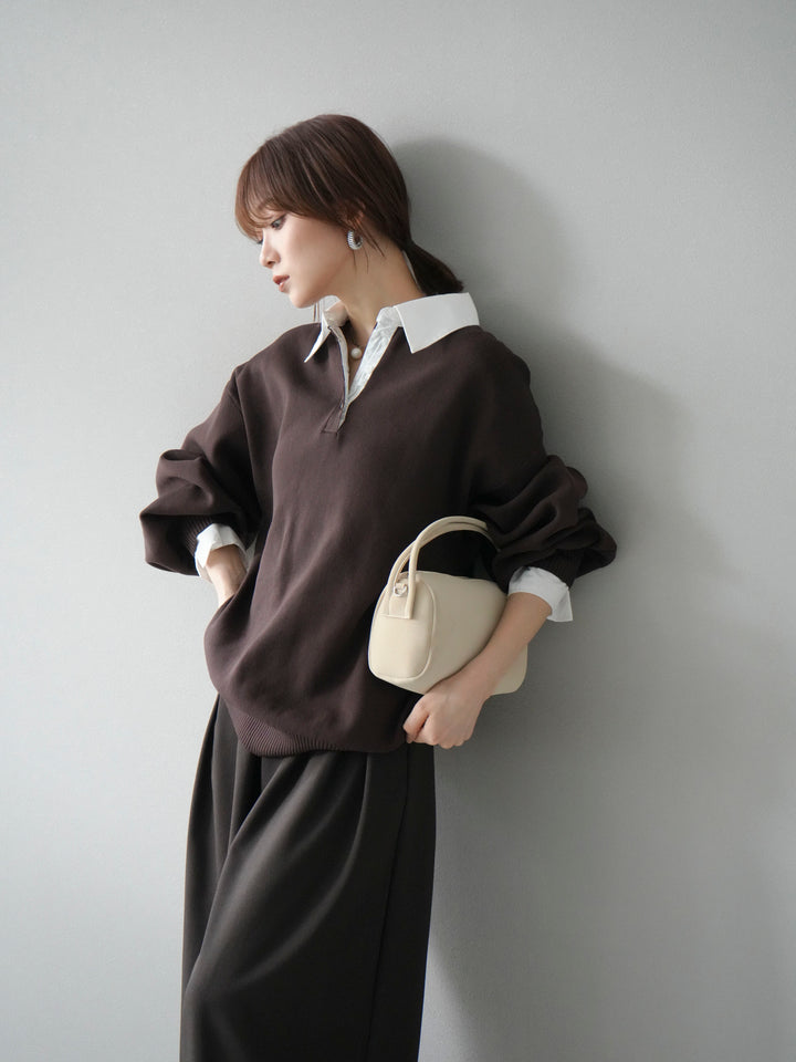 【SET】翻領polo針織套衫+雙褶闊腿褲（2件組）