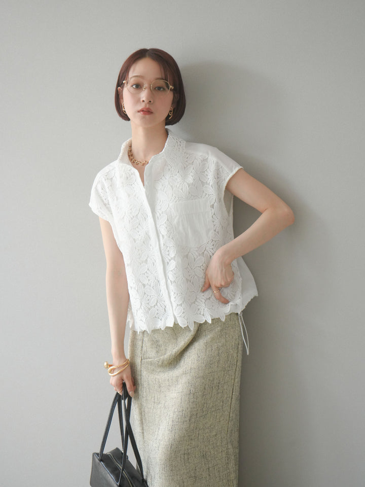 【預購】蕾絲分層抽繩襯衫/白色