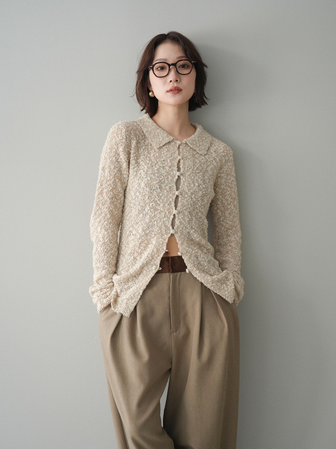 [予約]透かし編みブークレポロニットトップス/beige