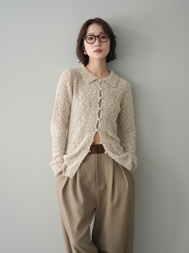 [予約]透かし編みブークレポロニットトップス/beige