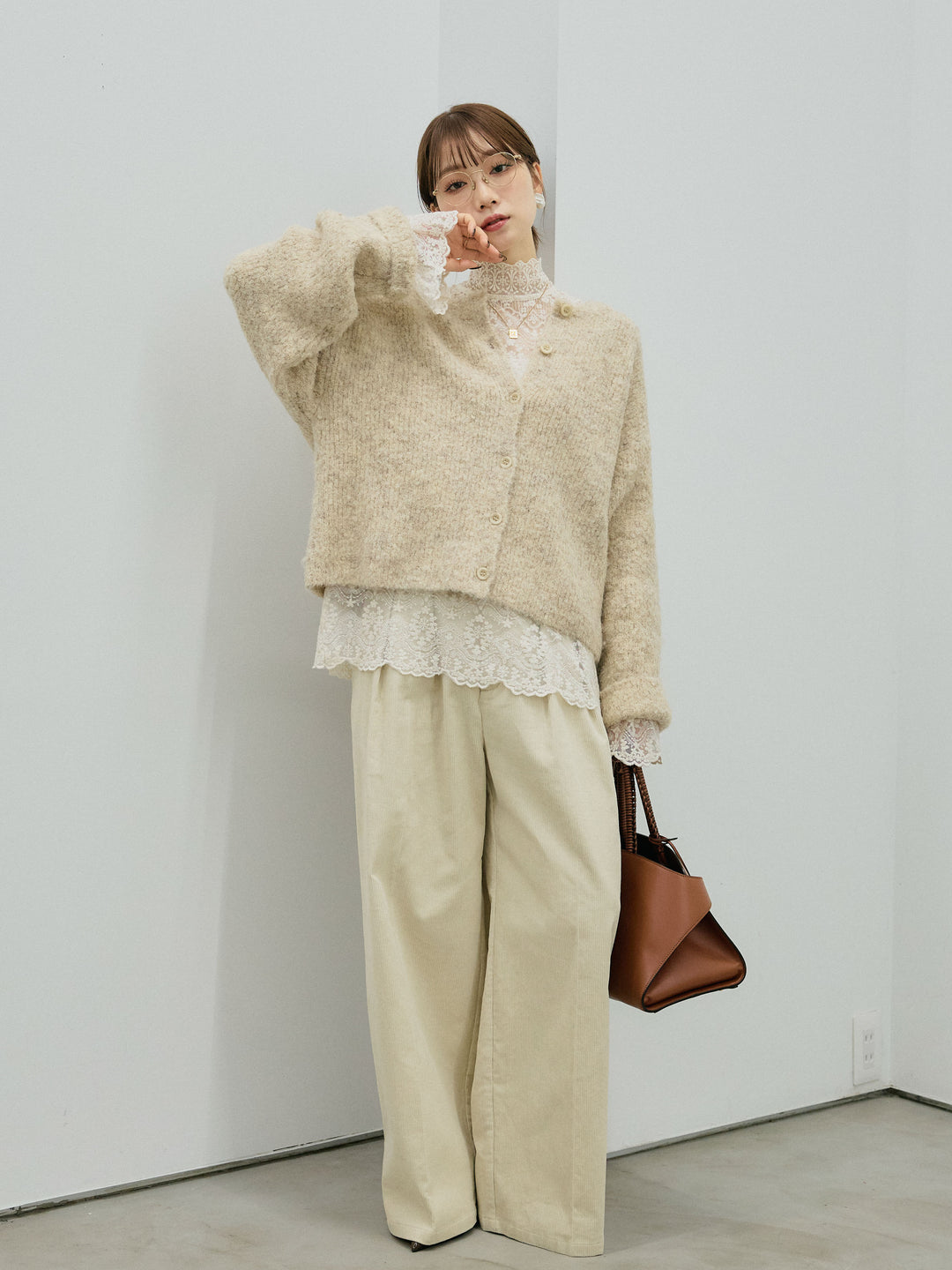 【Allure】[SET]ブークレニットカーディガン+ハイネックレーストップス+コーデュロイタックワイドパンツ(3set)