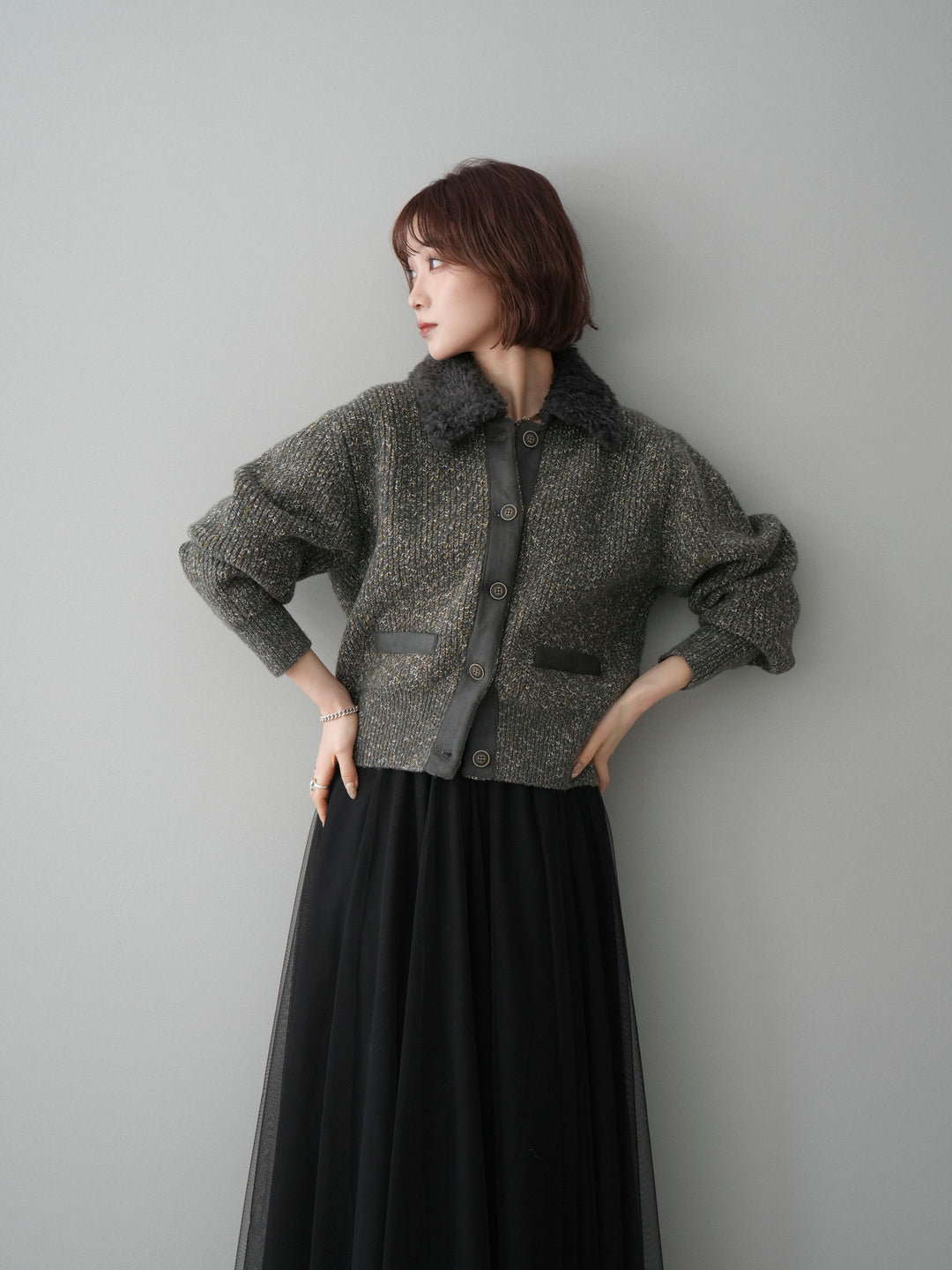 [SET]襟ボアミックスヤーンニットカーディガン+チュールボリュームスカート(2set)