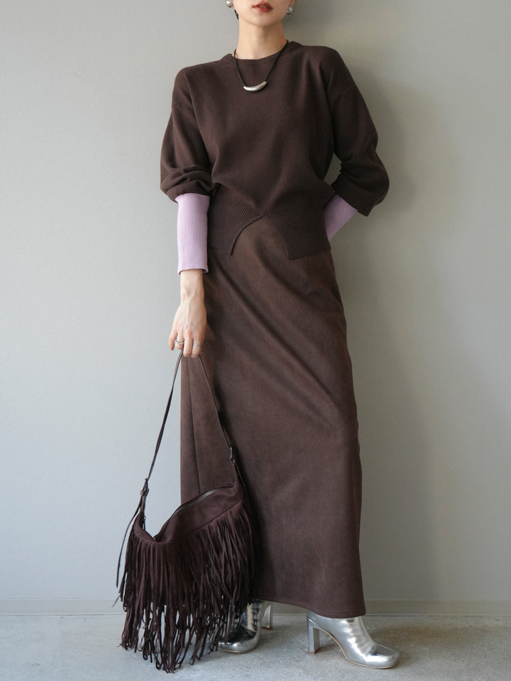 [予約]袖配色フロントスリットニットプルオーバー/ブラウン