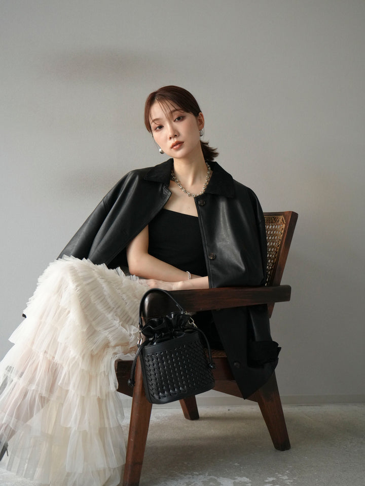 [予約]コーデュロイ襟レザーステンカラージャケット/ブラック