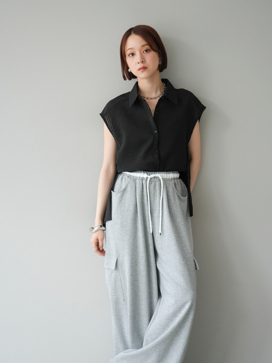 [SET]シアーチェックノースリーブシャツ+ウエストラインサイドポケットスウェットパンツ(2set)