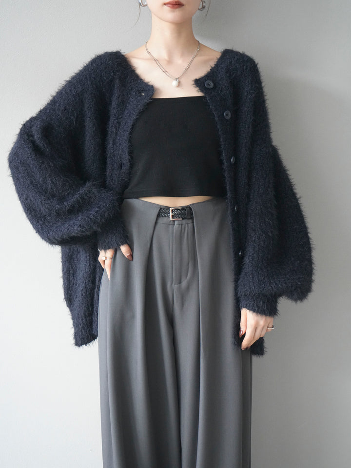 [SET]クルーネックランダムシャギーカーディガン+ベルトループデザインワイドパンツ(2set)
