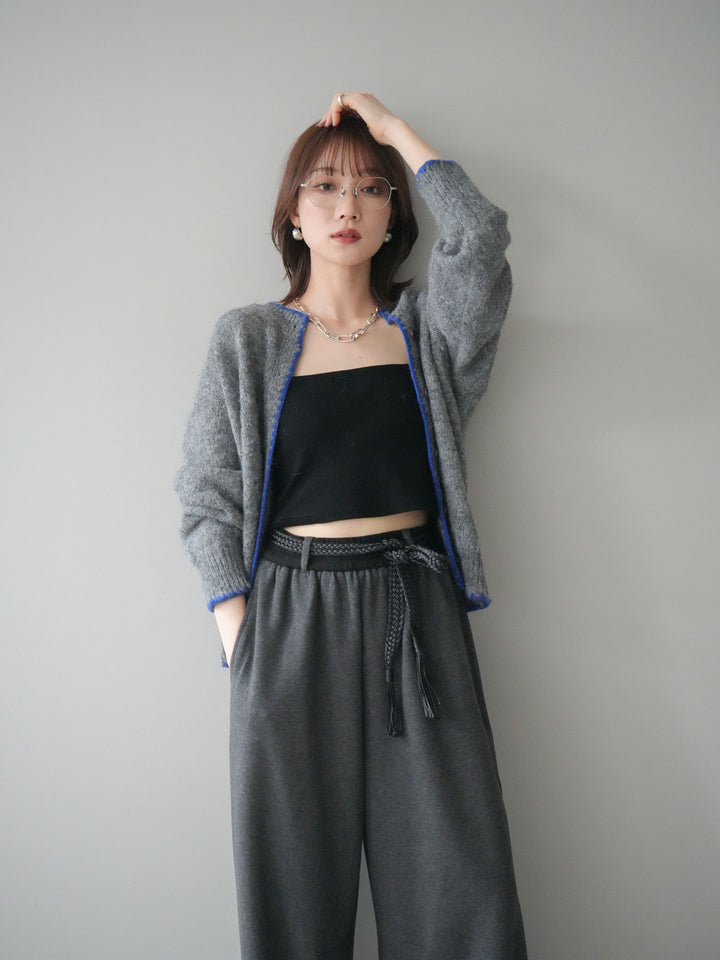 [SET]三角ステッチニットカーディガン+編み込みベルト付きウエスト配色スエットパンツ(2set)