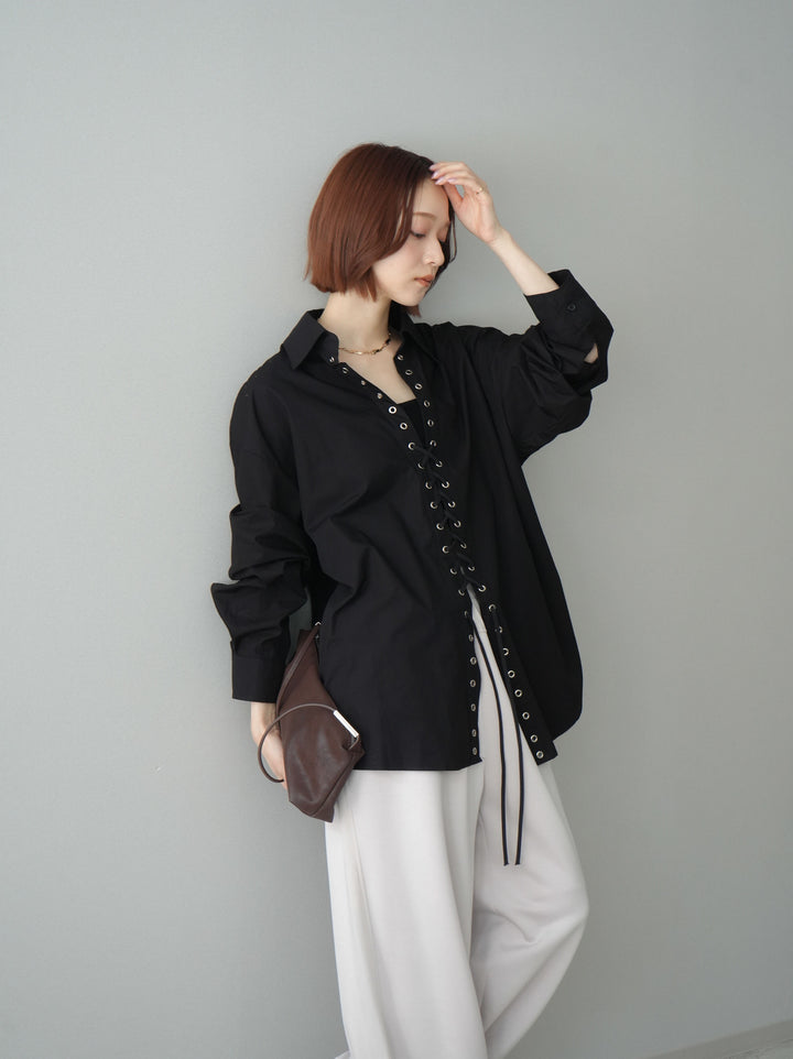 [SET]レースアップブロードシャツ+バイカラー異素材サイドラインライトポンチパンツ(2set)