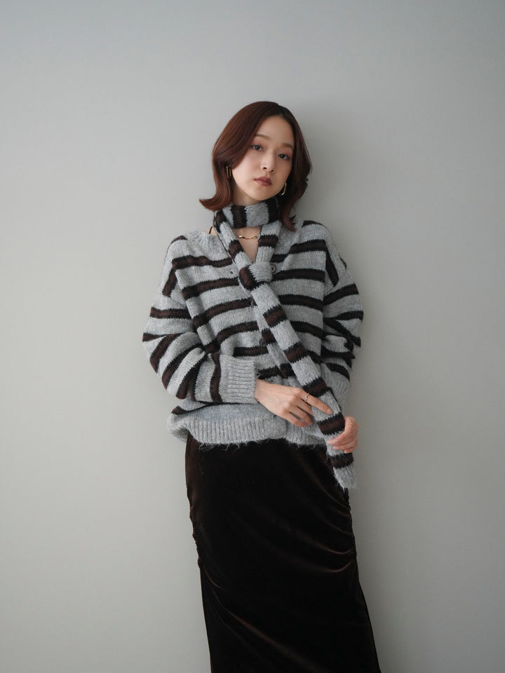 [予約]ボウタイ付きボーダーニットプルオーバー/gray