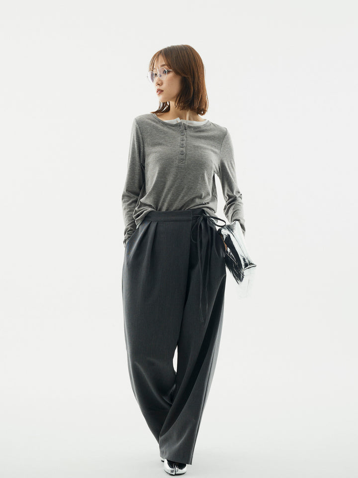 【Allure】[SET]配色レイヤードヘンリーネックトップス+ラップデザインタックワイドパンツ(2set)