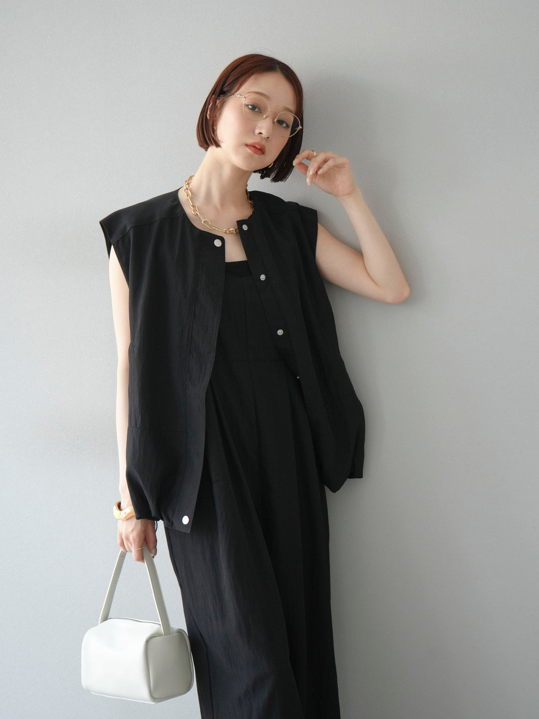 [SET]リネンライクビスチェデザインサロペット+リネンライクドロストバルーンブルゾン(2set)