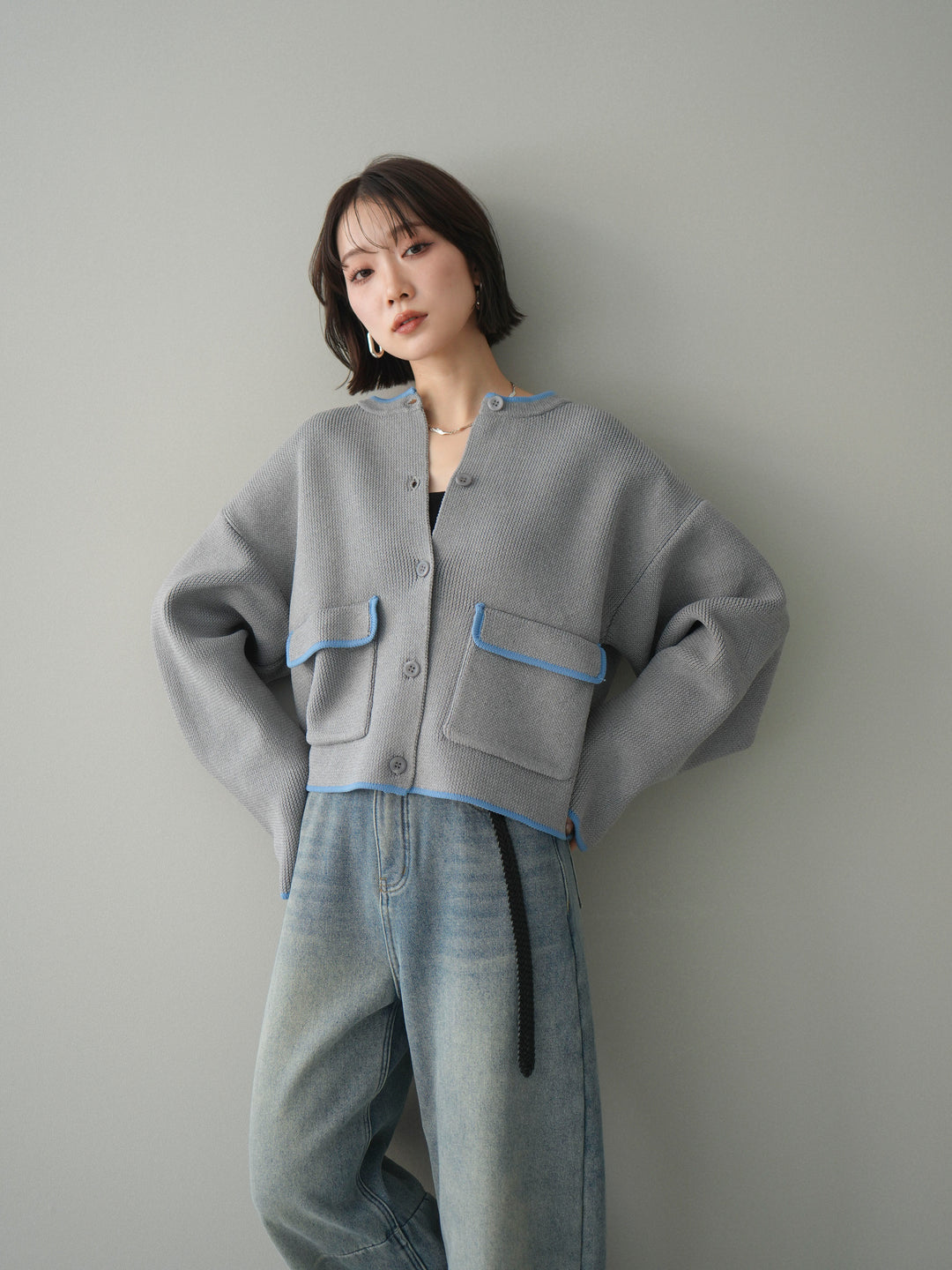 [SET]ポリエステル配色ニットカーディガン+選べるアクセセット(2set)