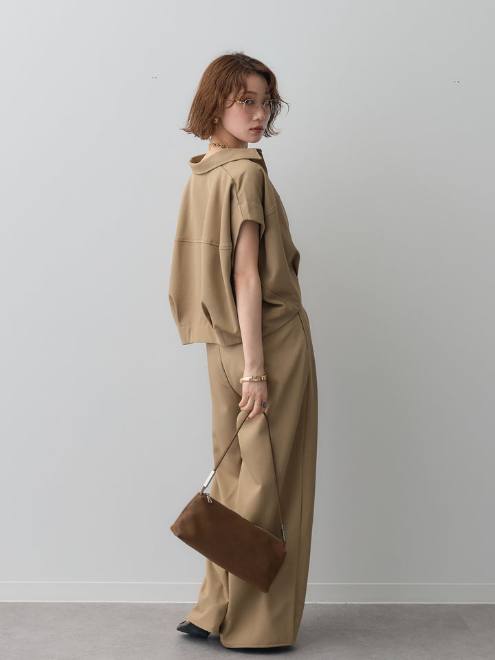 【套裝】縐綢燈籠無袖襯衫 + 縐綢闊腿褲（兩件套）