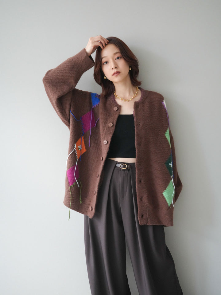 [SET]ハンドステッチアーガイルデザインニットカーディガン+ベルトループデザインワイドパンツ(2set)
