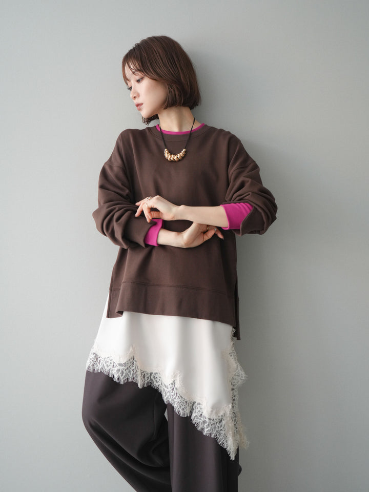 [SET]配色レイヤードデザインスエットプルオーバー+アシンメトリーサテンレースキャミソール(2set)