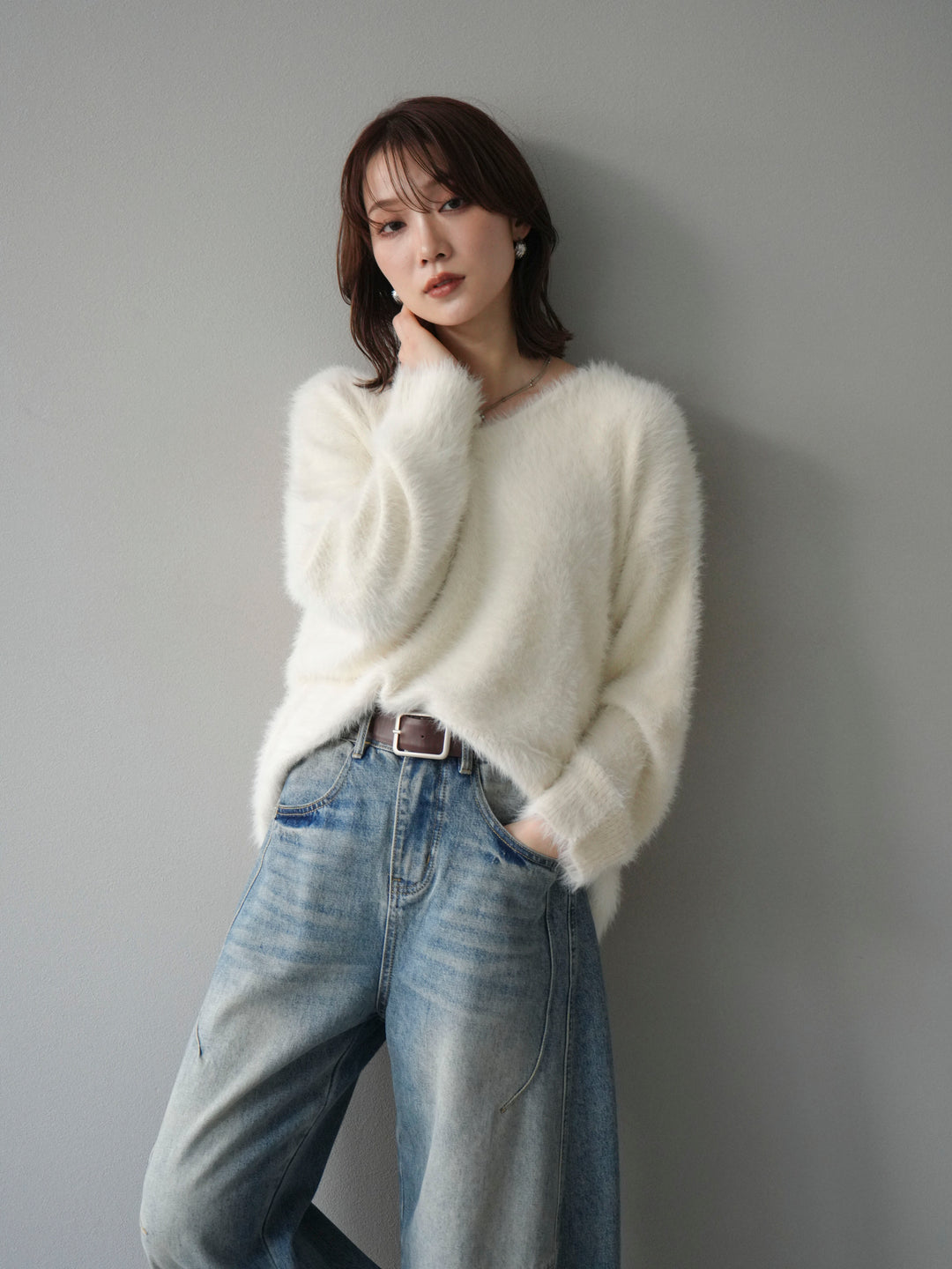 [SET]バックリボンVネックシャギーニットプルオーバー+選べるアクセセット(2set)