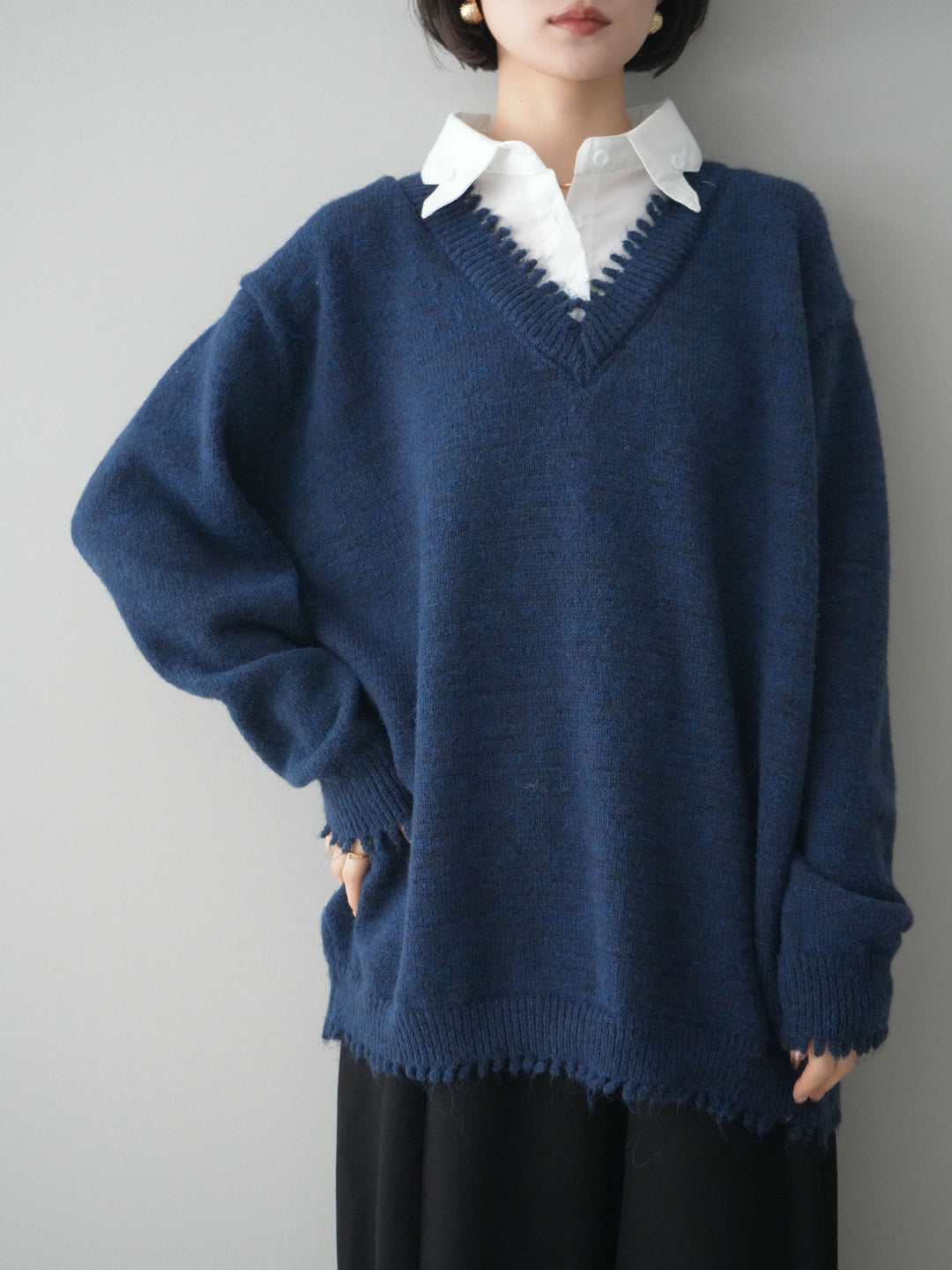 [予約]シャツドッキングVネックフリンジニットプルオーバー/navy