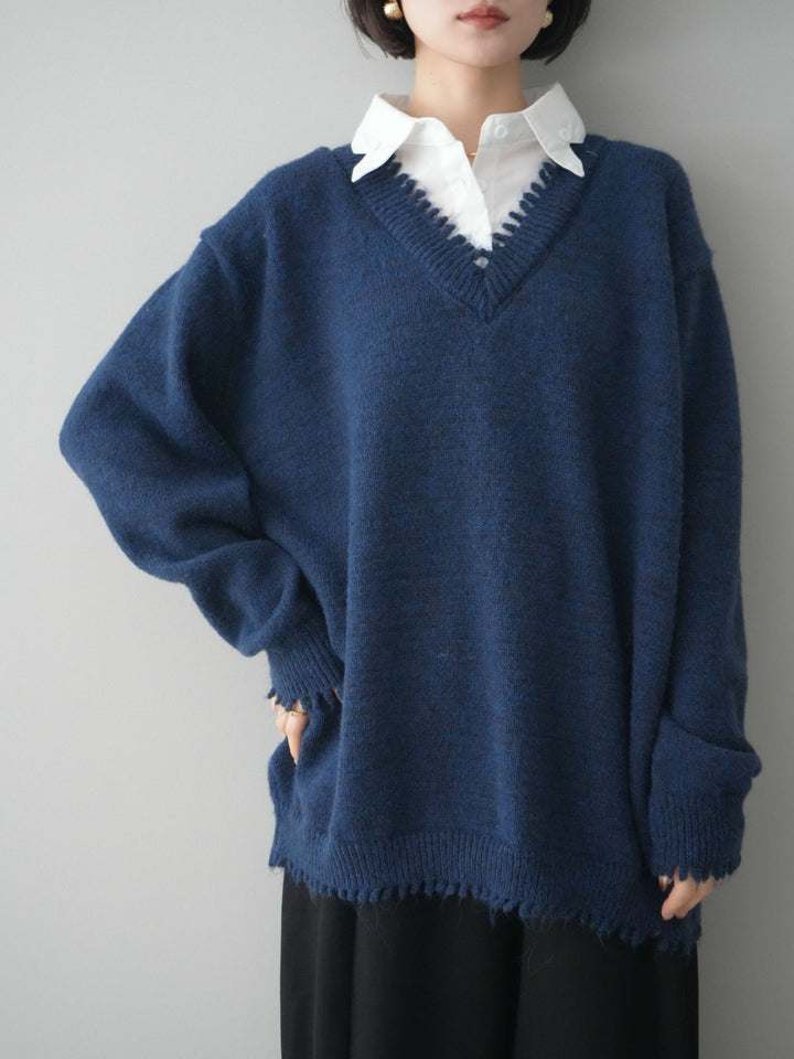 [予約]シャツドッキングVネックフリンジニットプルオーバー/navy