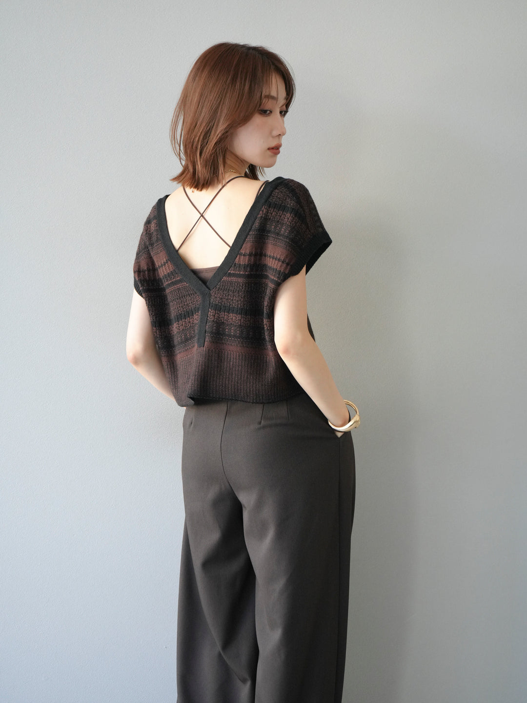 [予約]ガーター編み2WAYニットベスト/ブラウン×ブラック