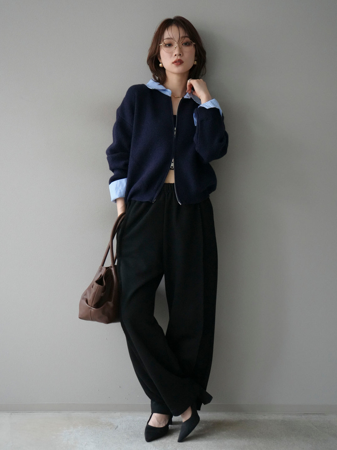 [SET]ストライプシャツレイヤードZIPニットカーディガン+2WAYデザインスウェットパンツ(2set)