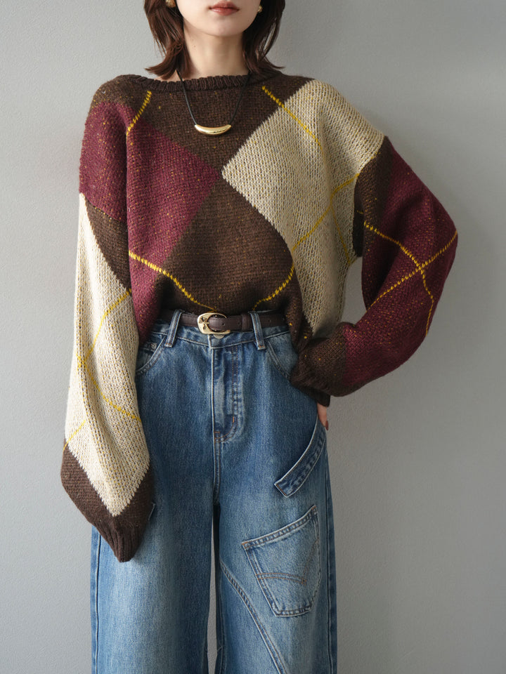 [SET]配色ステッチアーガイル柄ニットプルオーバー+ペインターカーブデニムパンツ(2set)