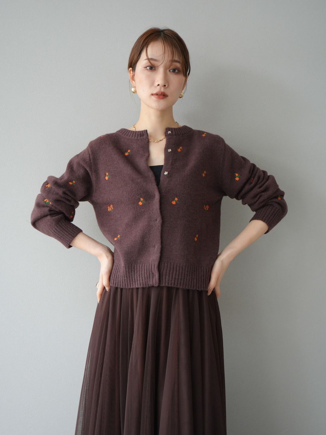 [SET]フラワー刺繍ニットカーディガン+チュールボリュームスカート(2set)