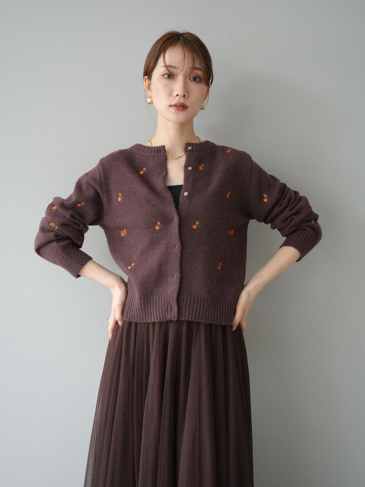 [SET]フラワー刺繍ニットカーディガン+チュールボリュームスカート(2set)