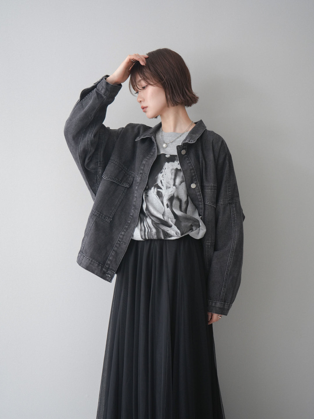 [SET]ルーズシルエットデニムジャケット+チュールボリュームスカート(2set)