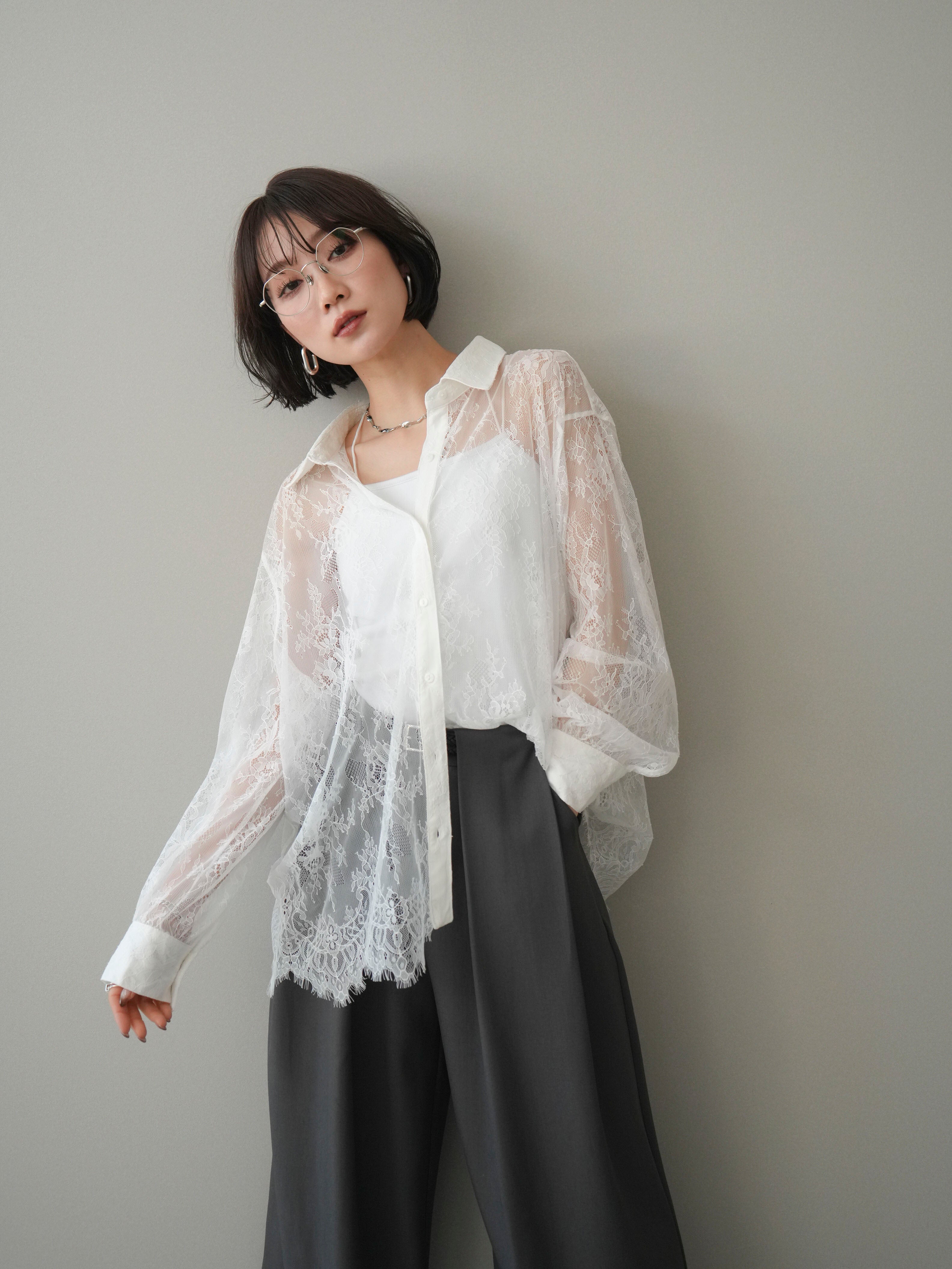 レディース 美品 ビアズリー 袖レースシャツ オーバーサイズ 