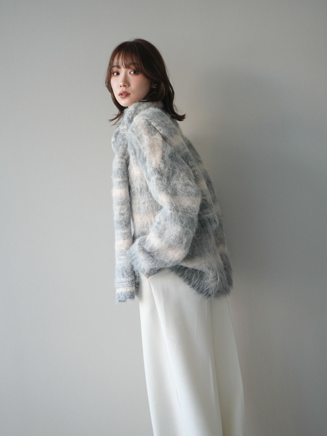 [予約]ストール付シャギーマルチボーダーニットプルオーバー/gray