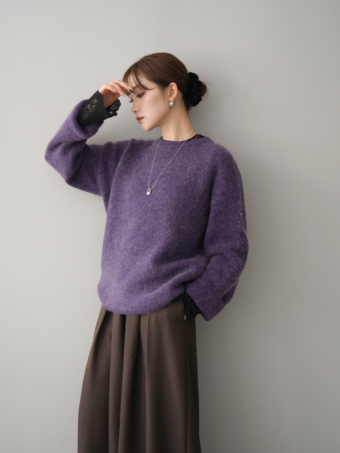 [SET]アンゴラタッチクルーネックニットプルオーバー+テープベルトタックバギーパンツ(2set)