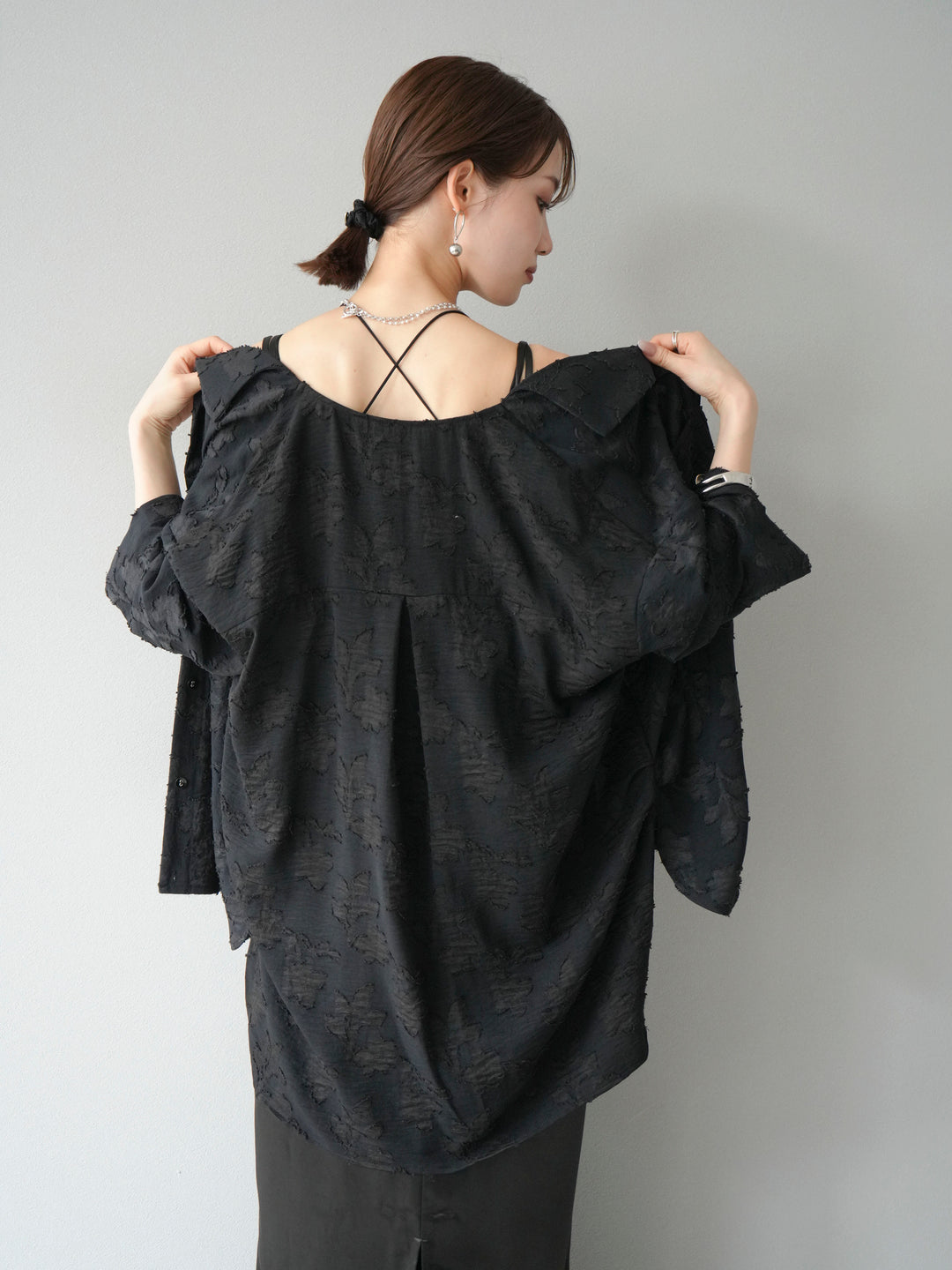 [予約]ジャガードハーフスリーブシャツ/ブラック