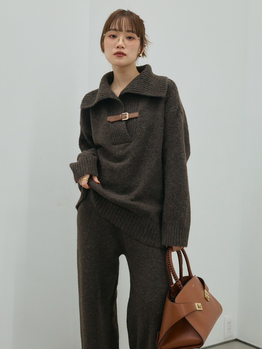 [SET]ベルトデザインポロニット&ニットパンツSET UP